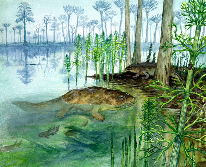 Devonian scene with Ichthyostega and Archeocalamites